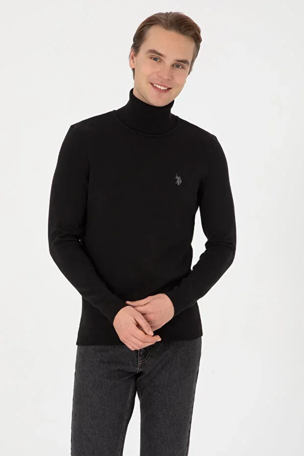 Men's Slim Fit Turtleneck Black Basic Sweater 50313640-VR046