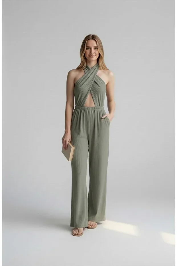 Women's Sage Green Halter Neck Backless Jumpsuit