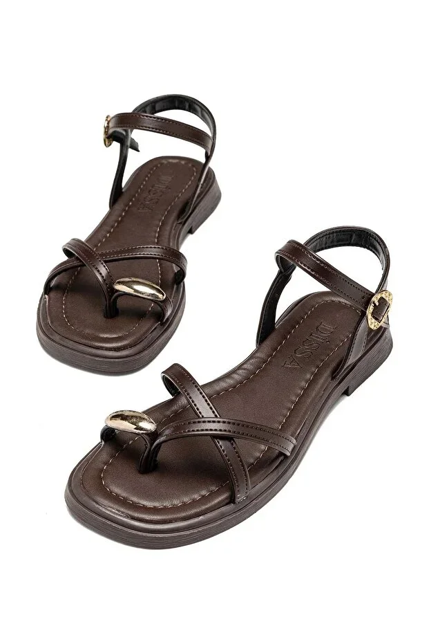 Women's Gold Ring Detailed Ankle Tie Toe Ring Sandal
