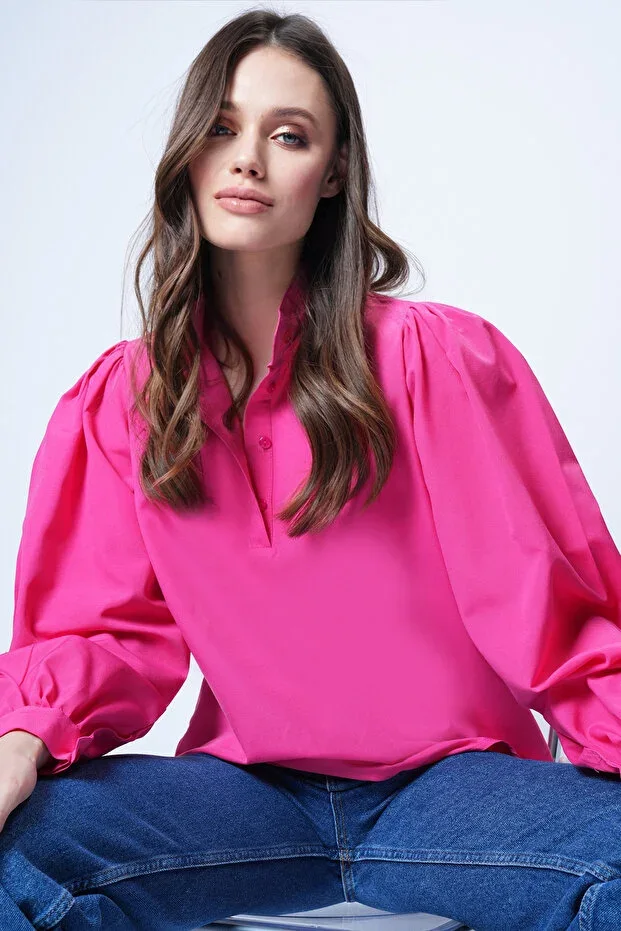 Fuchsia Mandarin Collar Half Button Balloon Sleeve Poplin Shirt Blouse ALC-X14059