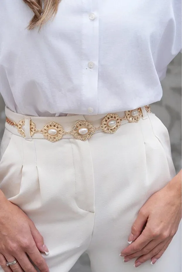 Pearl Detailed Chain Belt Women's Belt Dress Belt Shirt Belt Jacket Belt