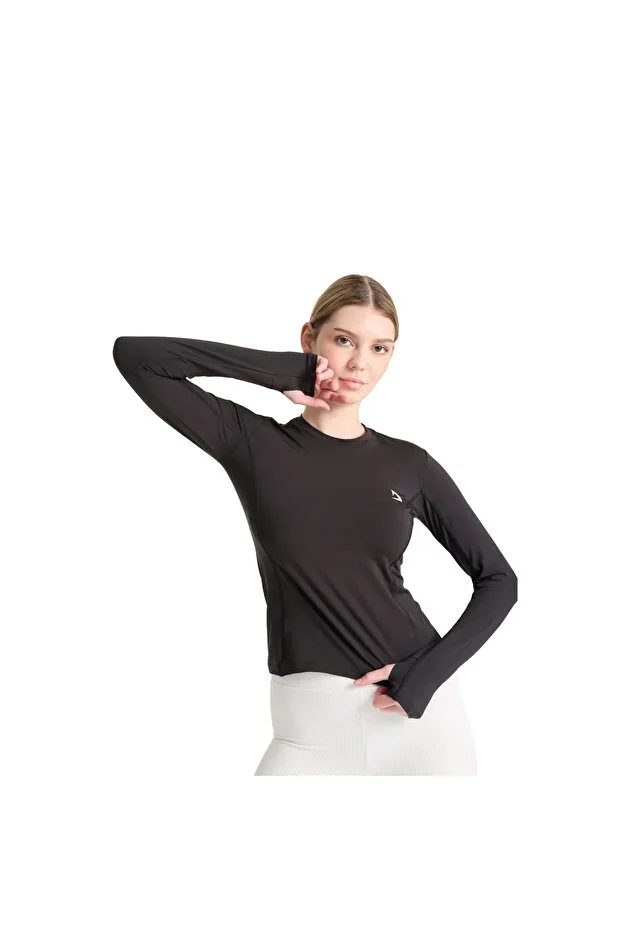 Women's Black Breathable Compression Sports Top - Wrist Detailed Design