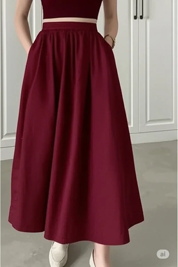 ALYAM BUTİK BORDO POPLIN STANDARD SIZE POCKETED LONG SKIRT