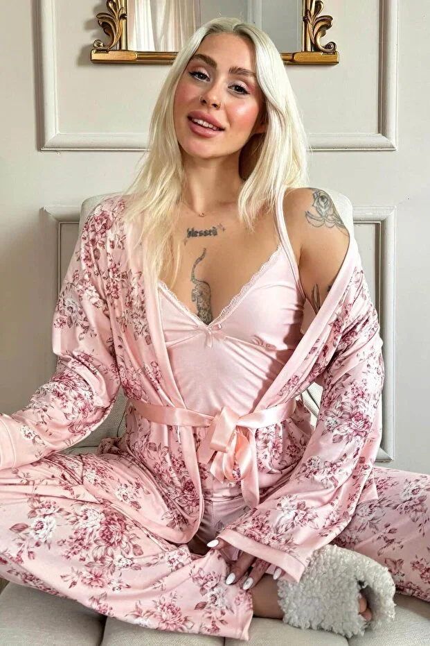 Pink Flore Exclusive Knitted Robe Pajama Set for Women