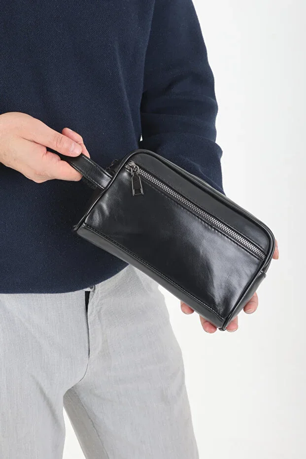Genuine Leather Black Men's Handbag - Travel Bag - Cosmetic Bag - Toiletry Bag