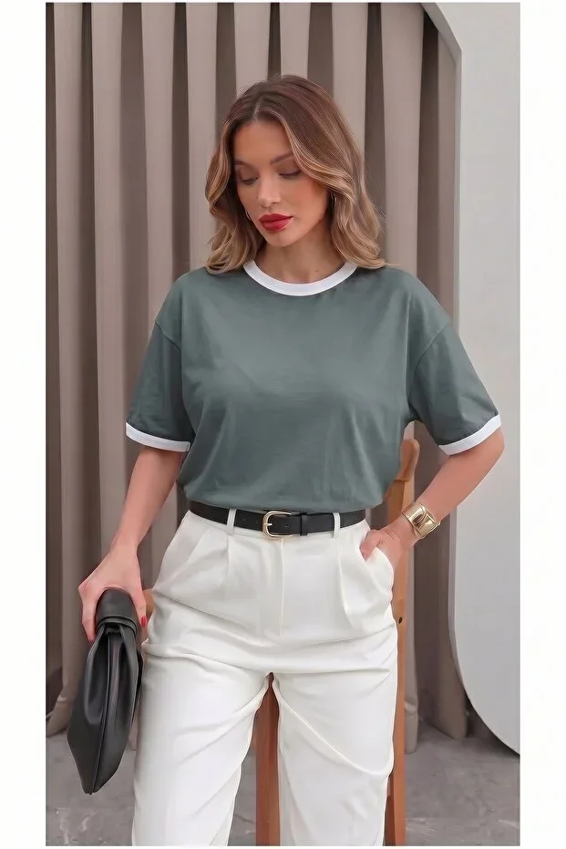 Teenage Millionaire Women's Petrol White Piping Detailed Medium Thick Soft Fabric Round Neck Half Oversize Loose T-Shirt