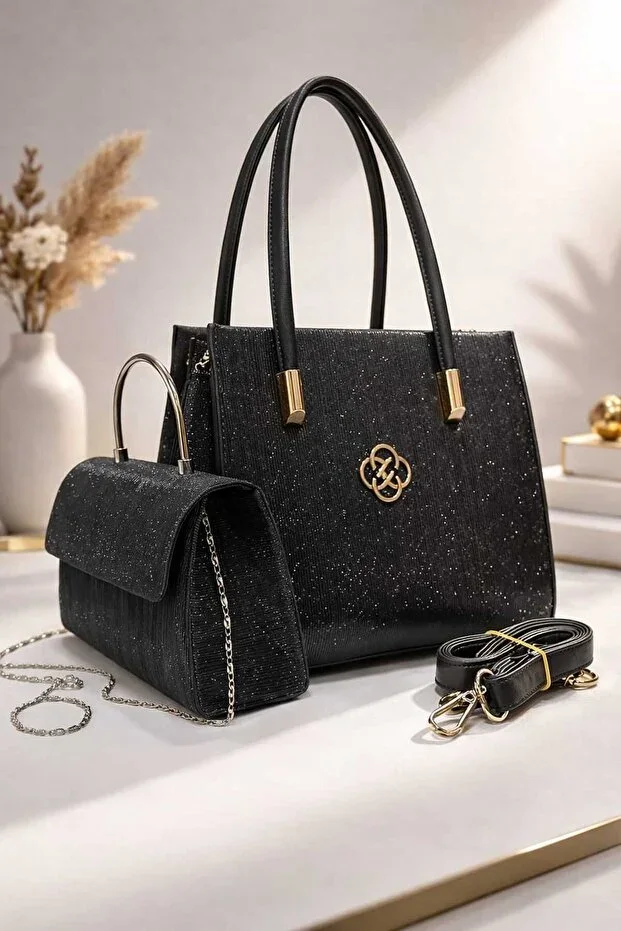 Women's Black Glitter Handbag and Shoulder Bag Set - Evening & Daily Chic Shoulder Bag