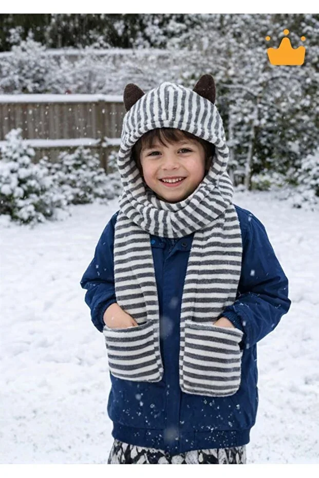 Babyhola 7-14 Years Girls Boys Winter Earflap Plush One-Piece Scarf Hat Pocket Gloves Anthracite 1300