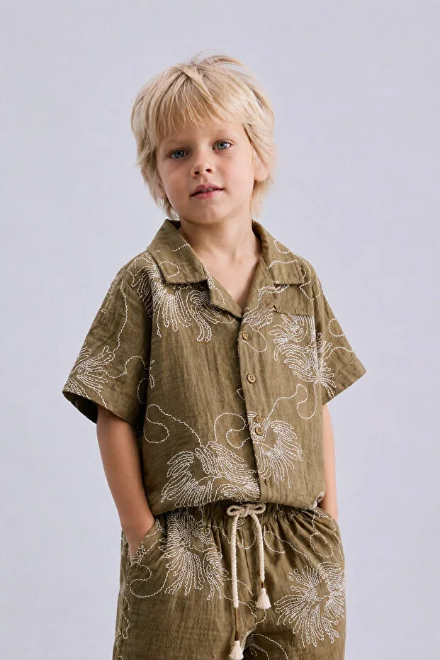 Boys' 2-Piece Set Embossed Print Muslin Shirt and Shorts Casual Special Occasions Summer