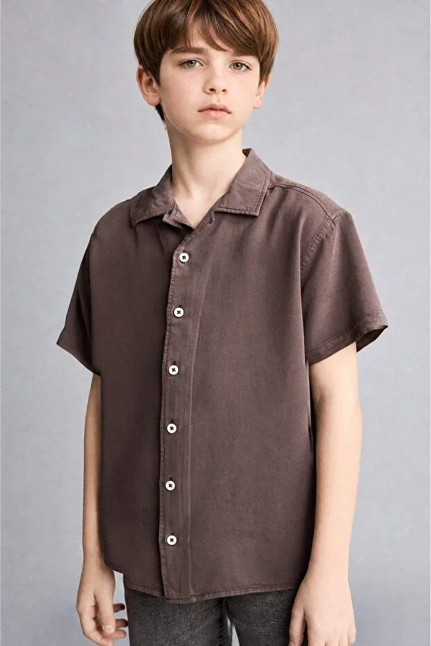 Regular Fit Apaş Collar Tencel Short Sleeve Shirt Boys H5646A826SM
