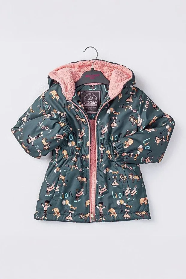 Mixed Lion Character Printed Girls' Welsoft Lined Seasonal Jacket - Grey