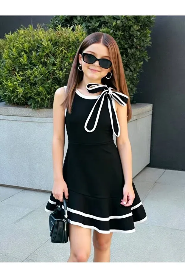 Girls' Sleeveless Dress with Ribbon Detail on Shoulder and Stripe