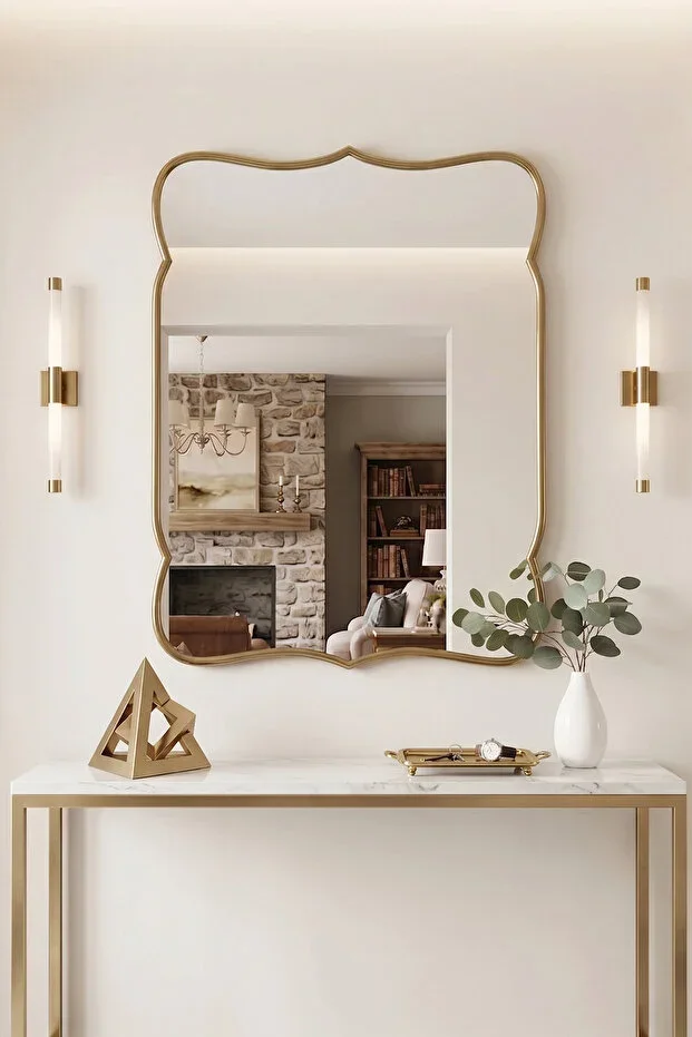 Premium Stylish Wooden Framed Asymmetric Mirror Home Decor Aesthetic Wall Mirror Bathroom Mirror