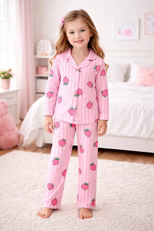 Girls 100% Cotton Pink Strawberry Shirt Collar Pajama Set - WIDE FIT