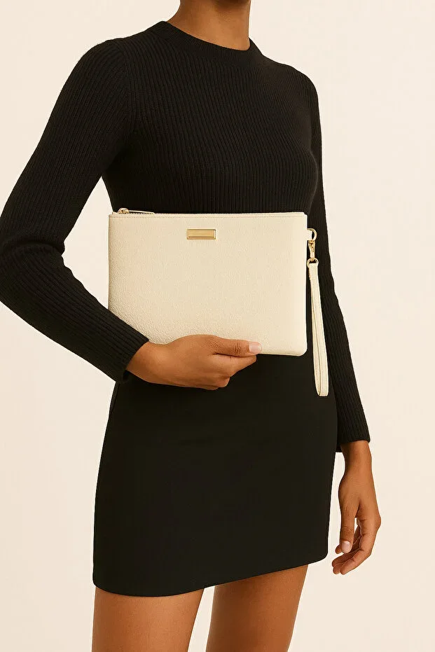 Cream Metal Accessory Handheld Portfolio Clutch Bag