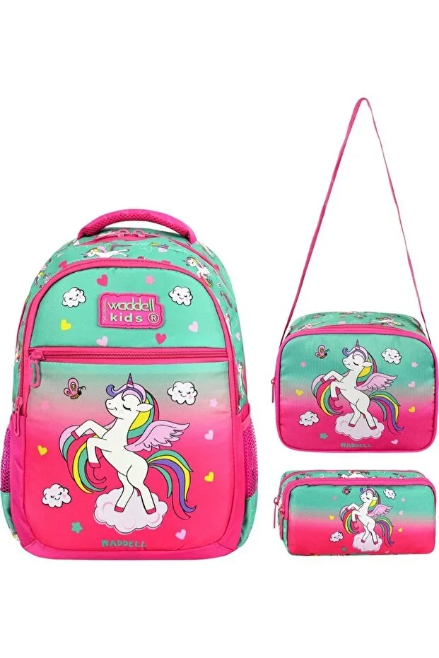 Licensed Fuchsia Unicorn Pattern Primary School Bag Lunch Bag and Pencil Case
