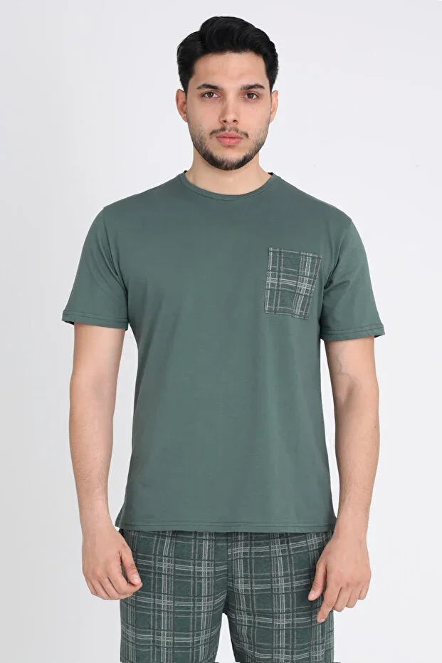 Leeds Wrist %100 Cotton Men's Short Sleeve Plaid Khaki Pajama Set