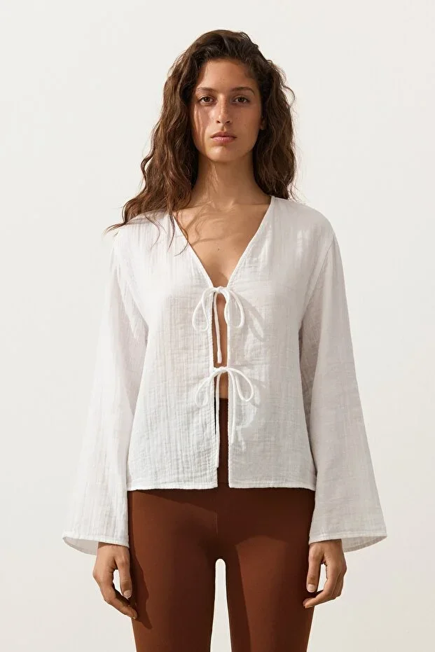 Oysho 100% Cotton Long-Sleeved Shirt with Laces