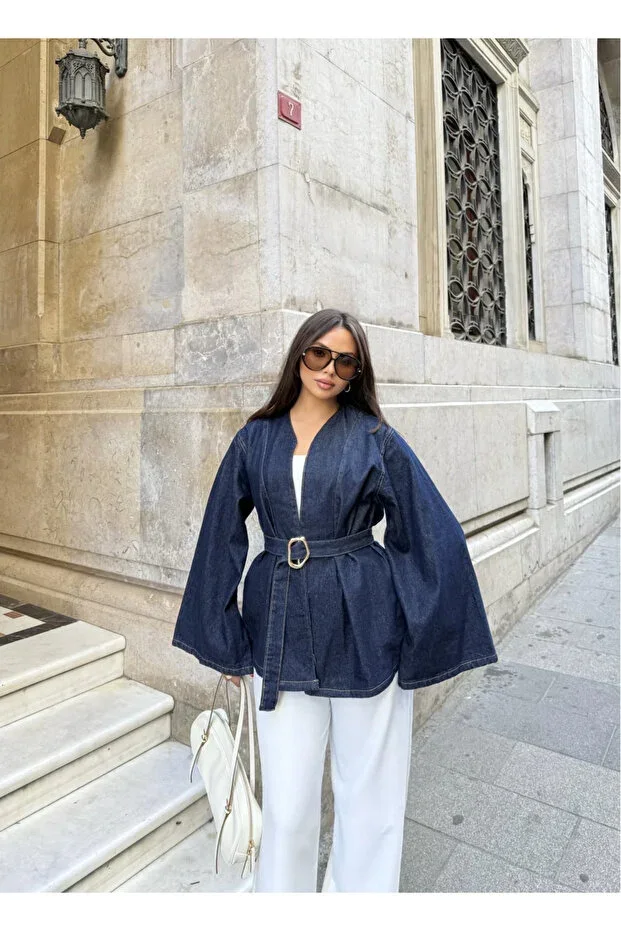 Women's Navy Blue Denim Jacket with Belt Modern Design