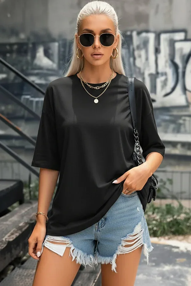 Teenage Millionaire Black Basic Plain Unprinted Oversize Loose Boyfriend Women's T-shirt
