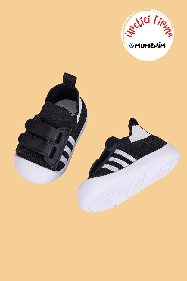 Wisil Children Baby Velcro Flexible Soft Barefoot Sole Black White First Step Shoes