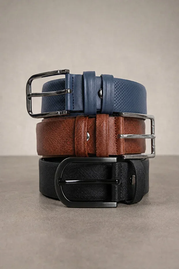 Men's 3-Piece Set 3.5 Cm Classic Black-Brown-Navy Belt