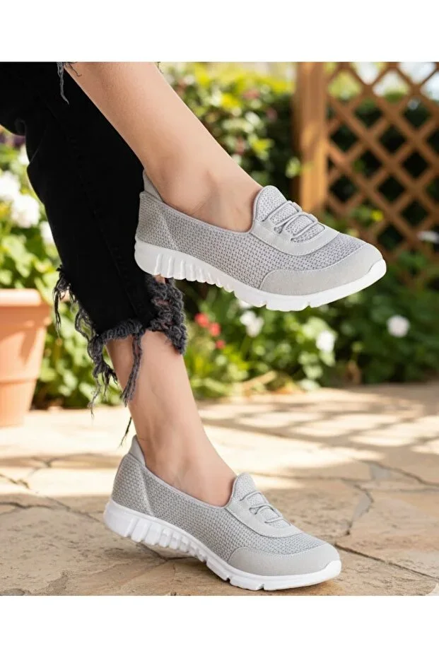 Women's Stone Grey White Lace-up Comfortable Lightweight Memory Thick Sole Walking Mom Daily Canvas Sneakers
