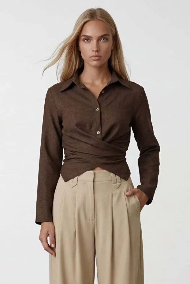 Women's Coffee Cross-Lace Detail Sofia Linen Shirt Alc-X15471