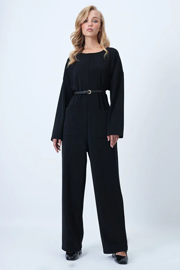 Black Round Neck Zip Back Relaxed Fit Jumpsuit ALC-X14554