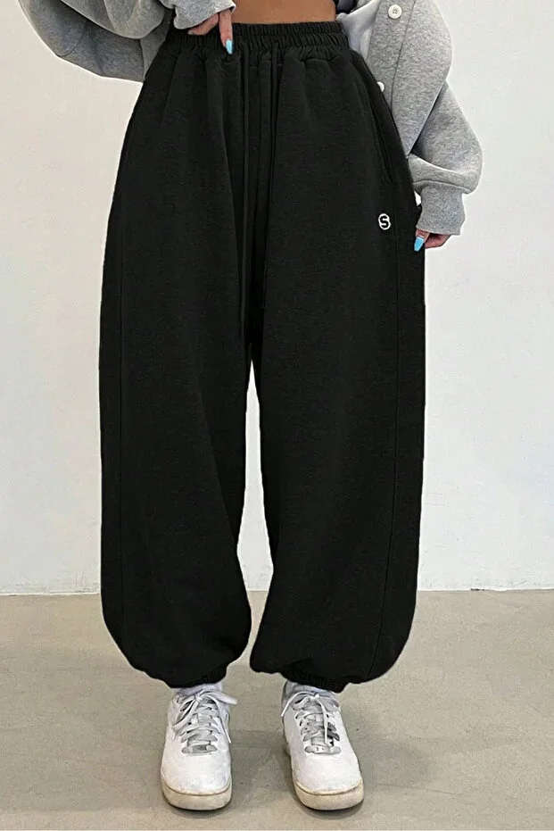 Women's Black Two-Thread Oversize Jogger Sweatpants