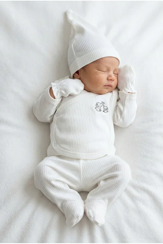 5 Piece 100% Cotton Baby Hospital Exit Set Cross-Chest Top Bottom Gloves Hat And Bib Set White
