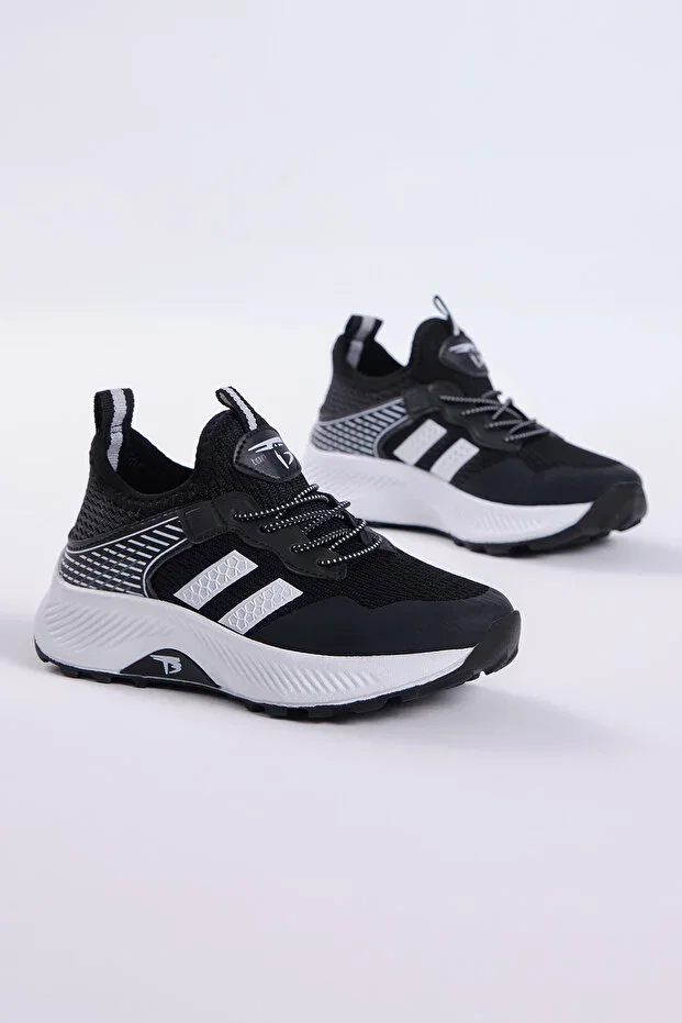 Children Unisex Black White Relaxed Fit Breathable Fabric Lace-Up Sneaker
