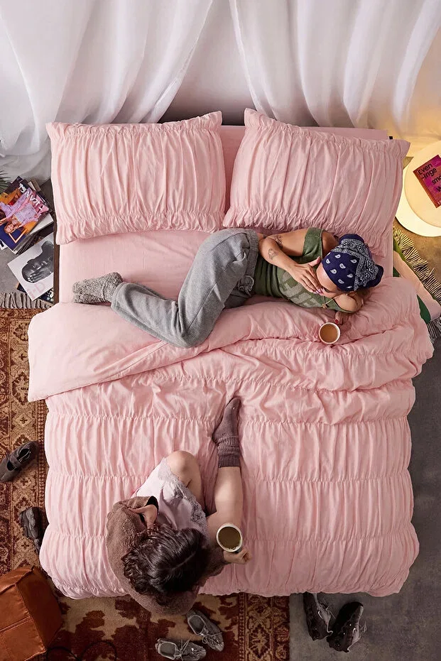 Gathered Double Duvet Cover Set Light Pink Cotton