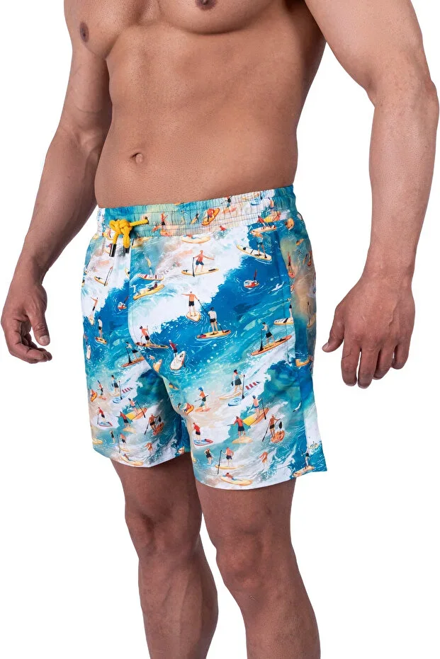 Bronz Surf Spirit Men's Swim Shorts Quick-Drying AquaDry Fabric, Blue Tones, L with Zipper Pocket