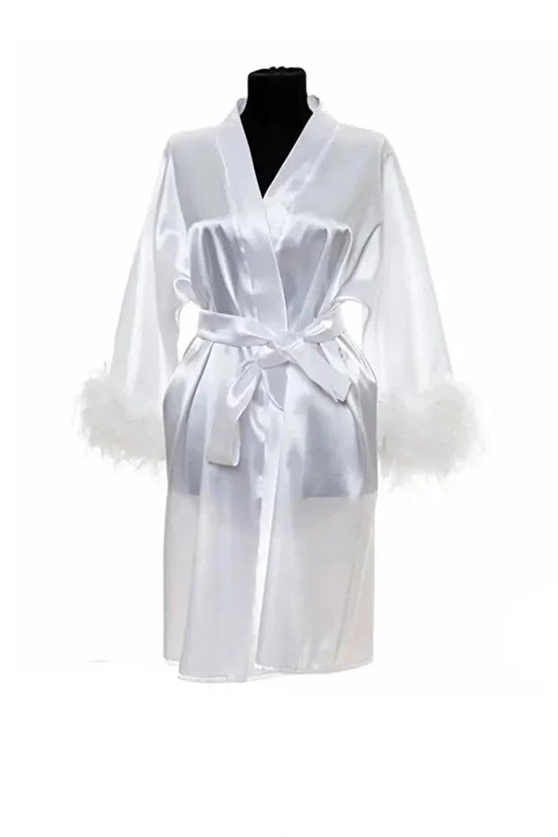 Personalized (Named) White Satin Bride Robe - Sleeves with Goose Feathers
