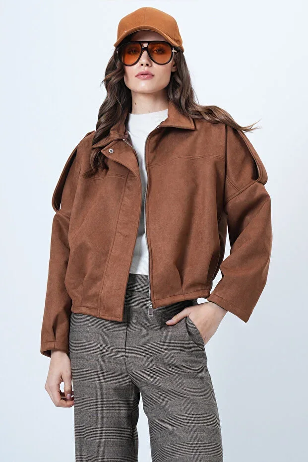 Brown Shoulder Epaulet Lined Faux Suede Bomber Jacket ALC-X14526