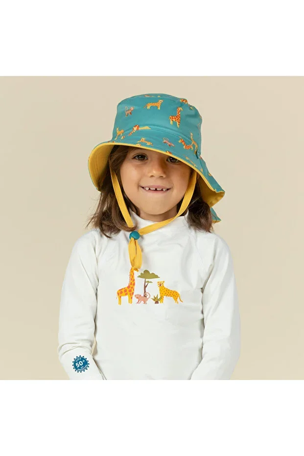 Baby UV Protection Double-Sided Hat - Yellow/Blue - Tropical Pattern