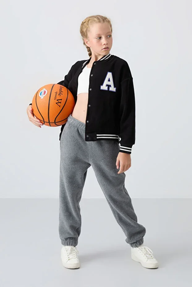 TOMMY LIFE Black Thick Soft Textured Standard Fit Embroidered Fleece Kids College Jacket - 75156