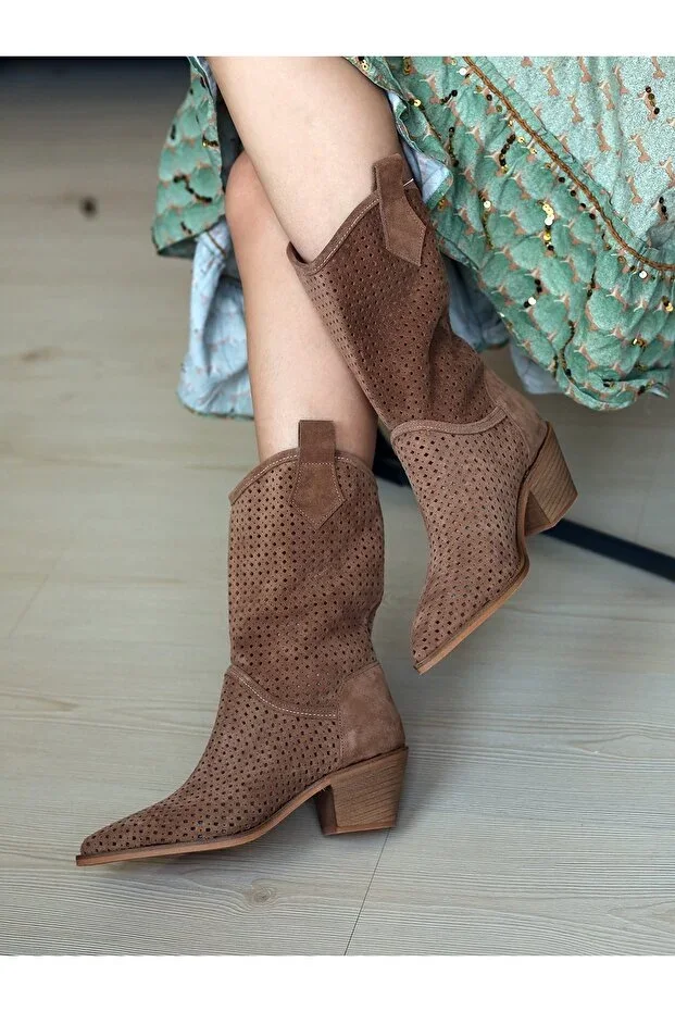 (WEST) Genuine Suede Leather Summer Western Cowboy Women's Boot