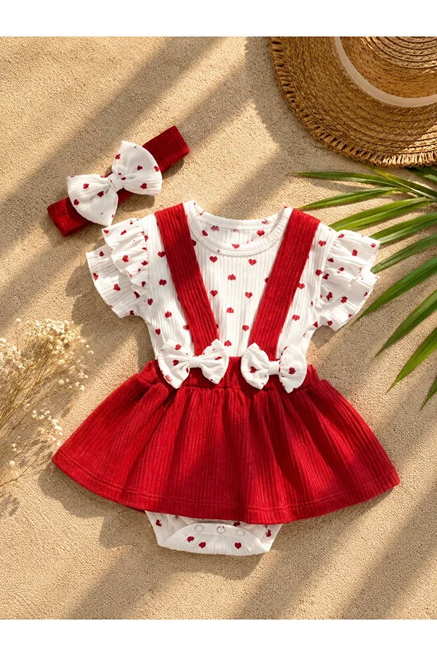 Baby Girl Bandana Dress Bodysuit Set Heart Patterned 2-Piece Holiday Birthday Set