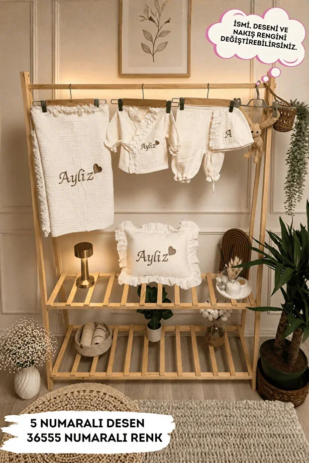 Personalized Newborn Hospital Exit Top Ruffle Detailed Kimono and Pillowcase Embroidered (%100 Cotton Muslin Fabric)