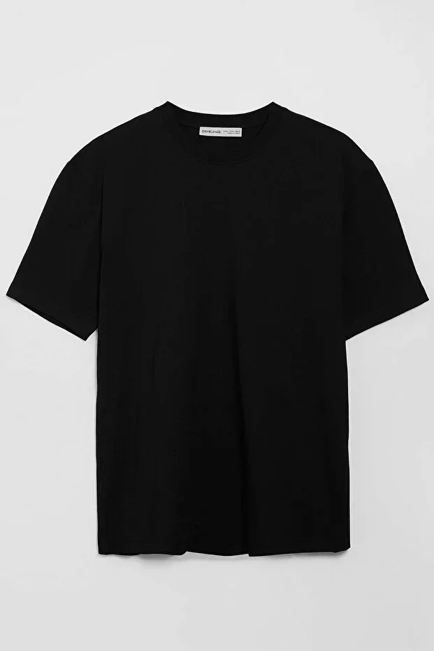 GRIMELANGE Solo Men's 100% Organic Cotton Thick Textured Comfort Fit Crew Neck Black T-shirt