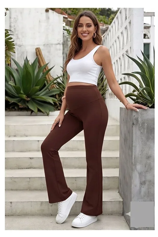 Women's Brown Scuba Maternity Leggings Flare Leg Adjustable High Waist Stretchy Shaping