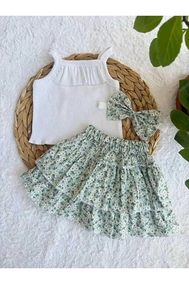 GIRLS FLORAL FLOWER PATTERN RUFFLED SKIRT BLOUSE BANDANA SET