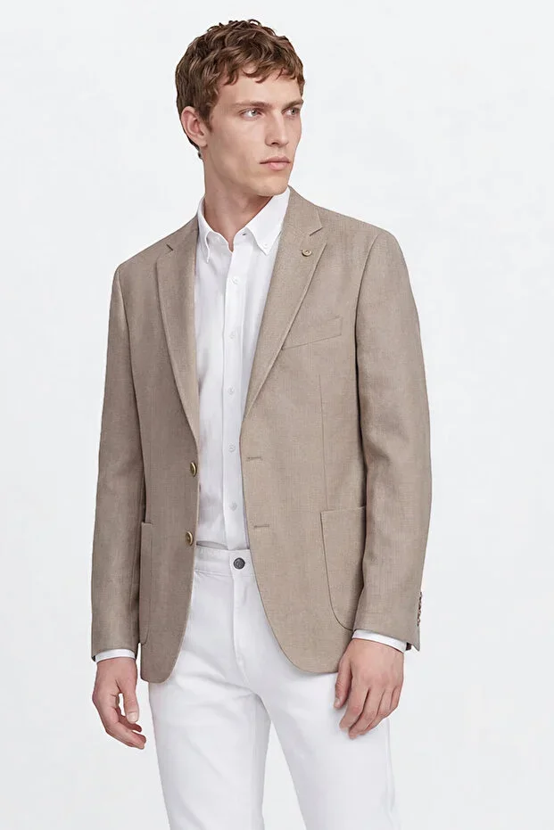 Men's Beige Slim Fit Narrow Cut Patch Pocket Blazer Jacket