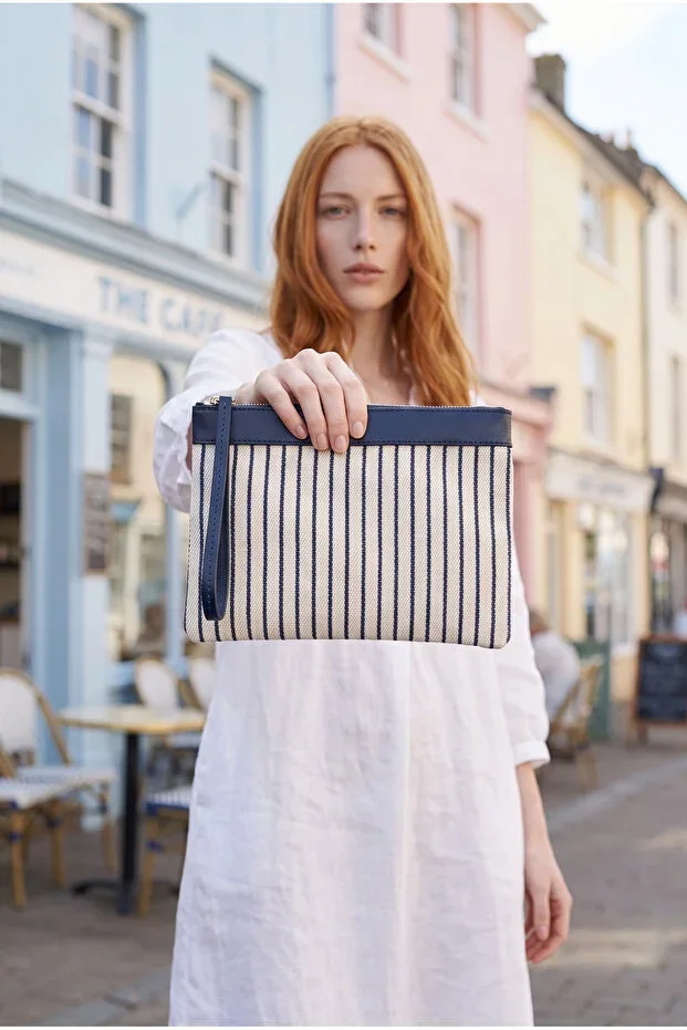 Asia Canvas Striped Women's Portfolio & Clutch Handbag Navy Blue