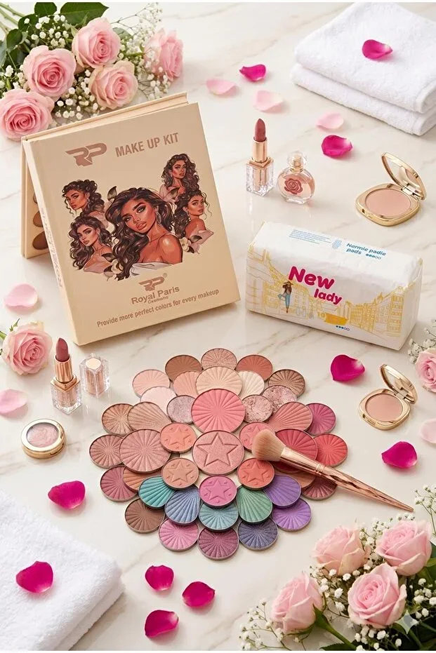 Makeup Book 5-Piece Palette Set – Eyeshadow, Lipstick, Highlighter, Blush + NEW LADY HYGIENIC PADS (GIFT)