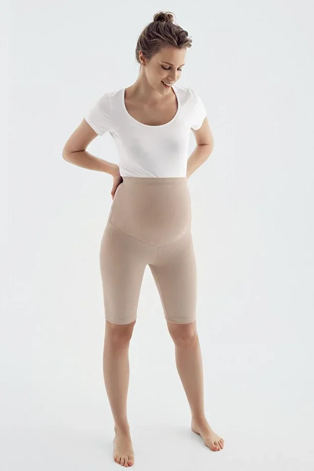 Ribbed Above-Knee Biker Flexible Adjustable Waist Maternity Tights