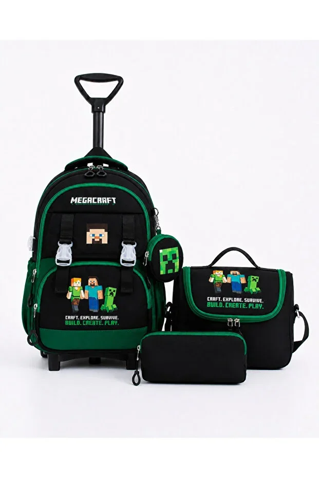 4-Piece Rolling School Bag Set Orthopedic Backpack - Imported Fabric, Thermal Lunch Bag, Pencil Case, and Wallet (Fixed Trolley, Folding Front Foot)