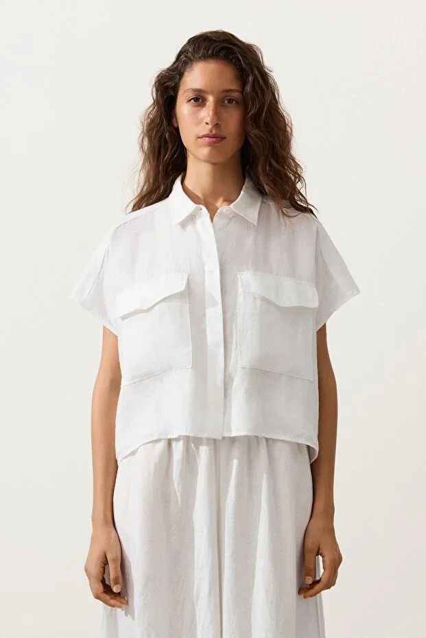 Oysho %100 Linen Shirt with Collar and Pockets